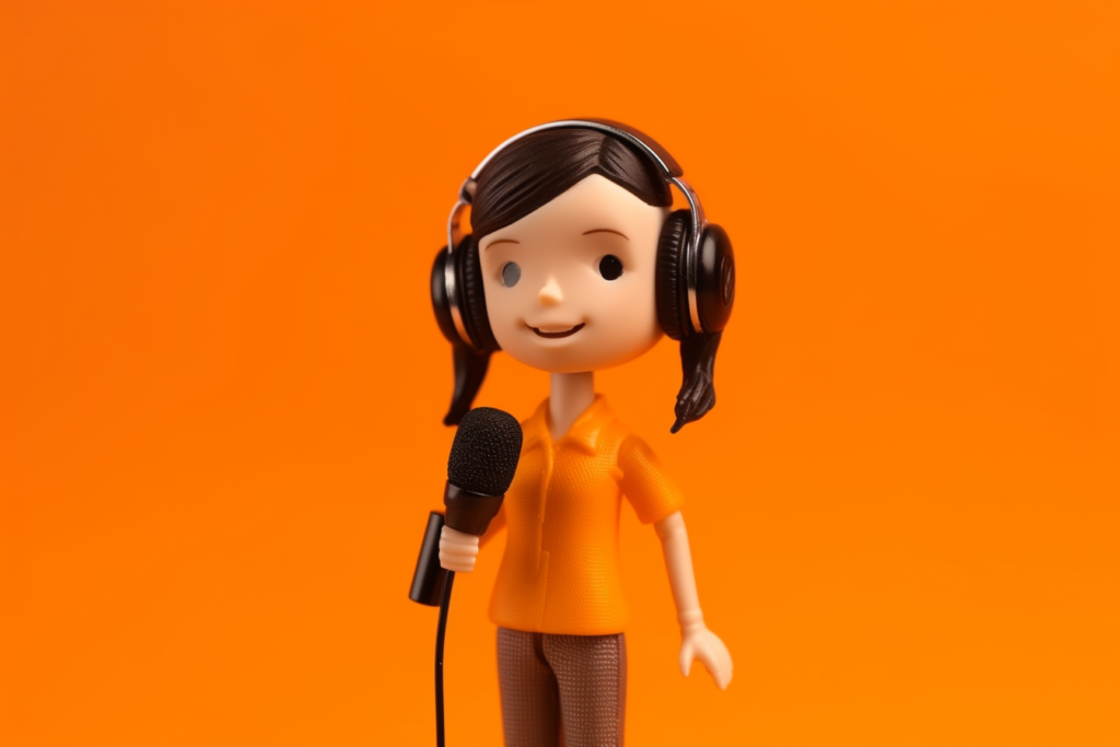 Woman holding a microphone and wearing headphones