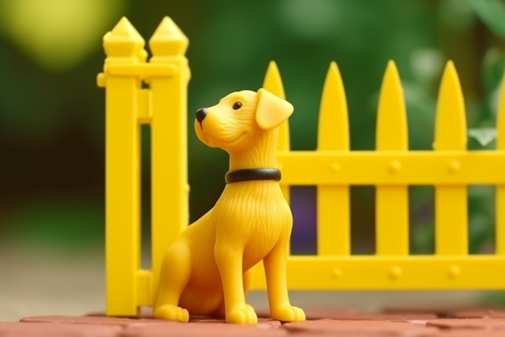 Yellow dog looking at a gap in the fence