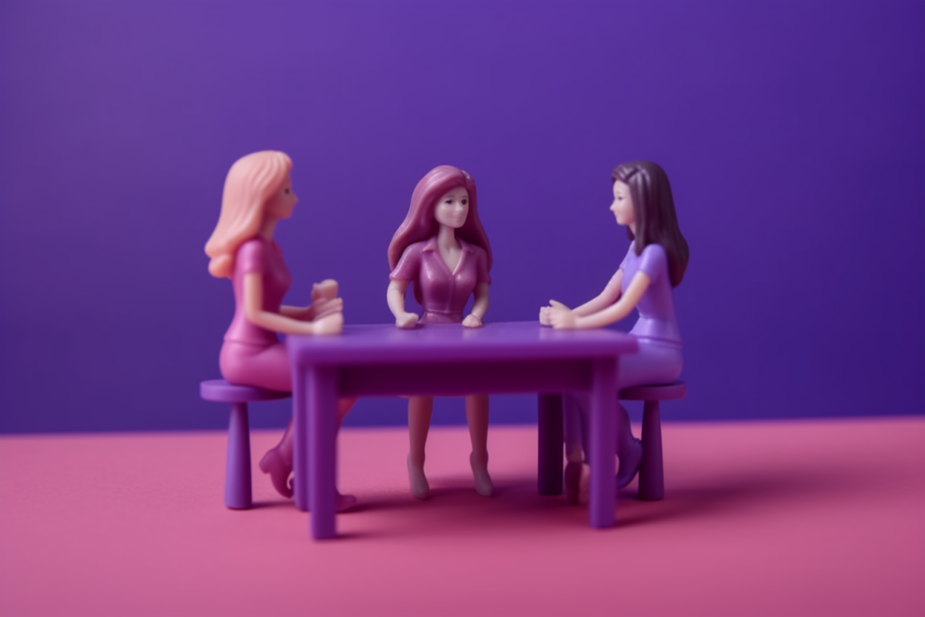 Three women sitting at a table in an office