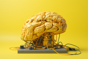 A brain connected with wires and cables