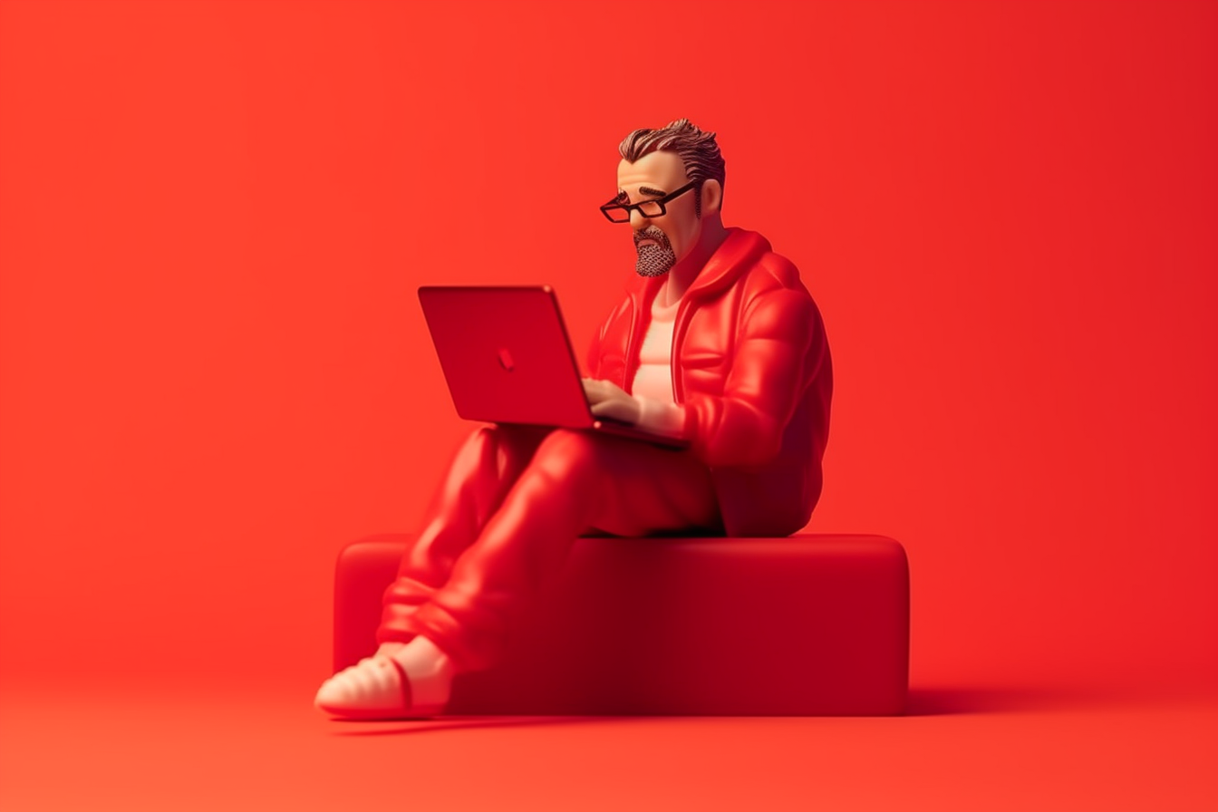 Middle aged man sitting on a bench on a laptop