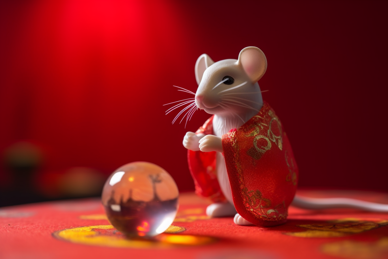 Plastic toy mouse dressed up as a fortune teller looking into the future using a crystal ball