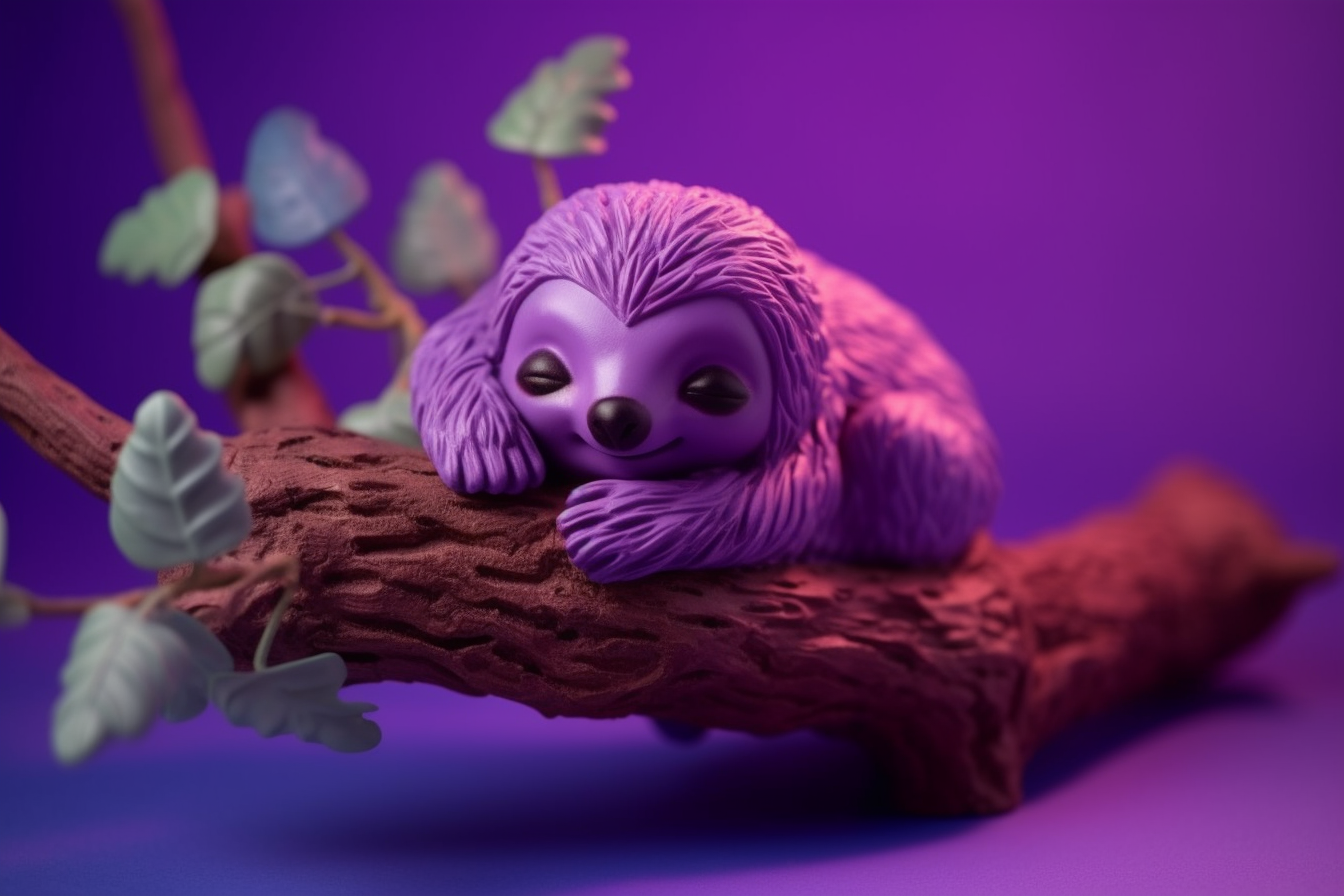 A purple plastic toy sloth asleep in a tree