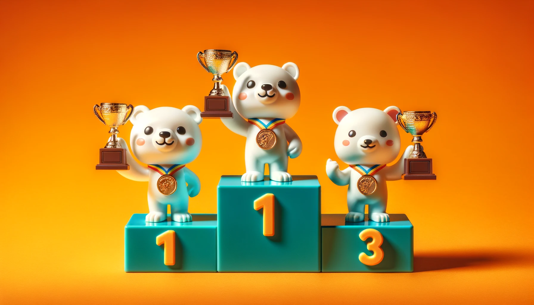 three plastic toy animals standing on an Olympic podium with trophies against a vibrant orange background.