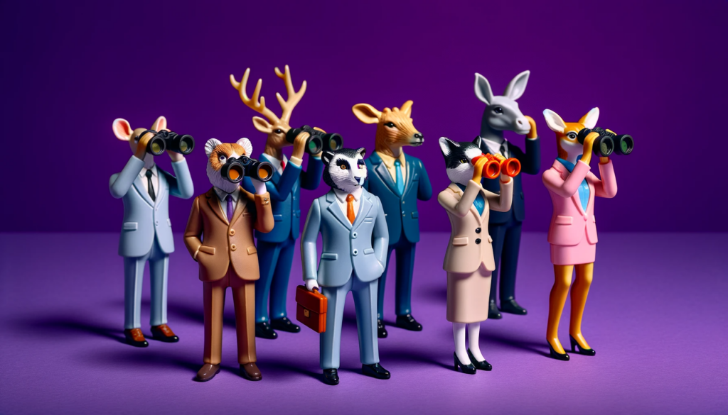 image featuring groups of plastic toy animals dressed as business people holding binoculars against a vibrant purple background