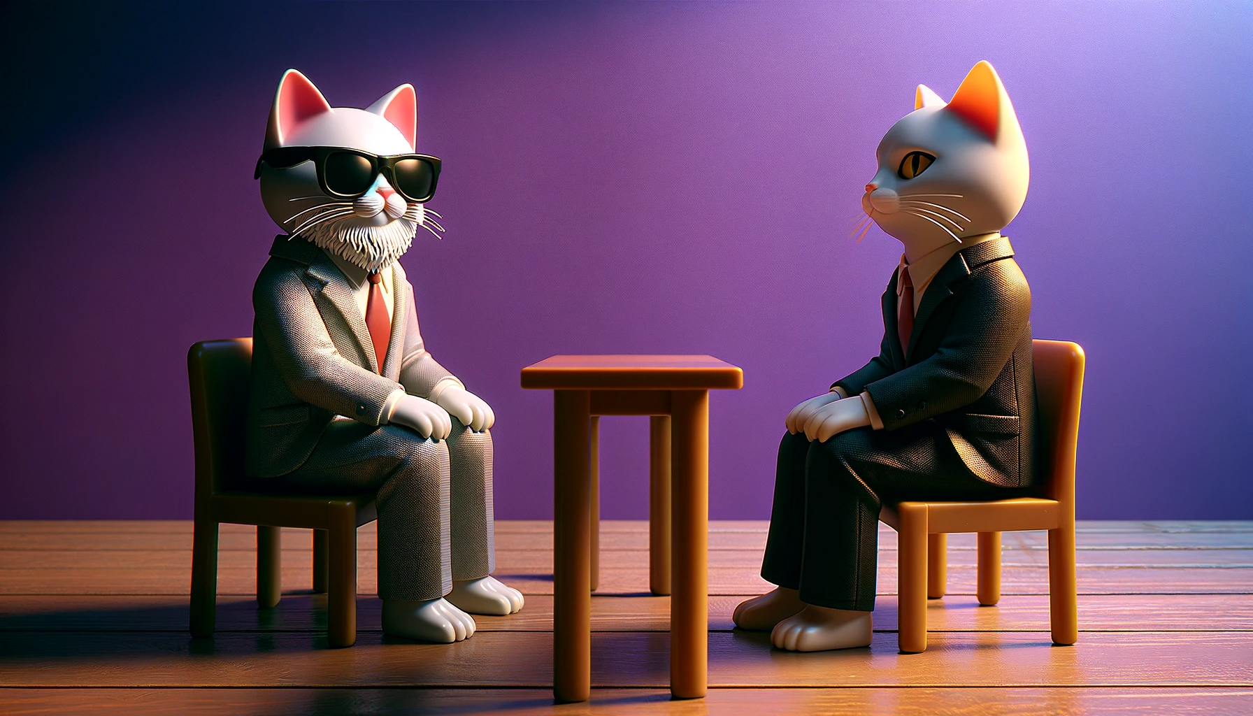 a plastic children's toy cat disguised with sunglasses and a fake white beard, being interviewed for a job by another cat in a business suit.