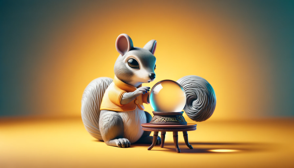 a plastic children's toy squirrel in the role of a fortune teller, looking into a crystal ball on a table