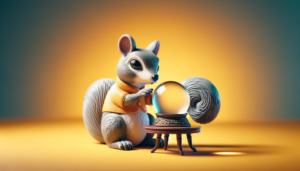 a plastic children's toy squirrel in the role of a fortune teller, looking into a crystal ball on a table