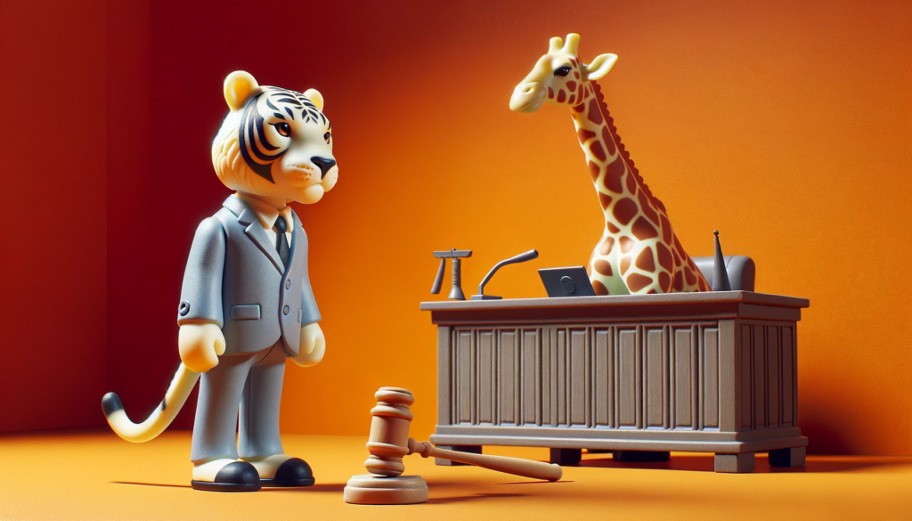 a plastic children's toy tiger, dressed as a barrister, in a courtroom scene looking at a judge who is a plastic toy giraffe.