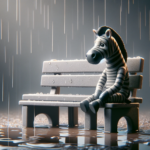 a plastic children's toy zebra sitting alone on a miniature plastic park bench designed for children, capturing a moment of solitude as it rains