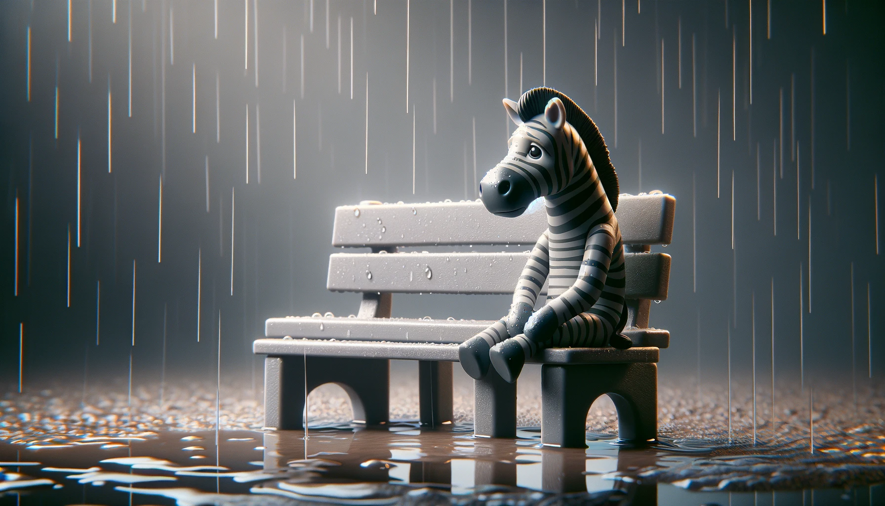 a plastic children's toy zebra sitting alone on a miniature plastic park bench designed for children, capturing a moment of solitude as it rains