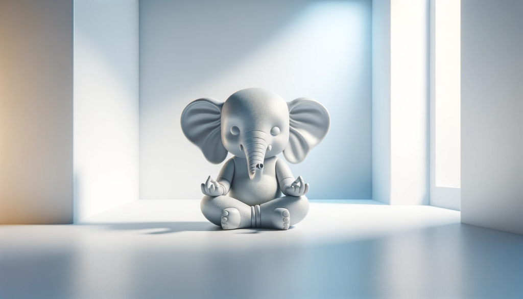 I've created the image as requested, showcasing a plastic children's toy elephant meditating in the center of a simple, white room. The scene is ultra-simple and ultra-realistic, set against a clean white background that emphasizes the purity and tranquility of the moment.