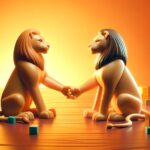 ultra-realistic image of two toy female lionesses sitting together, looking out over the sea, and holding hands, symbolizing partnership and diversity. The scene is set against a vibrant orange background, illuminated by warm lighting to enhance the feeling of a safe and welcoming space