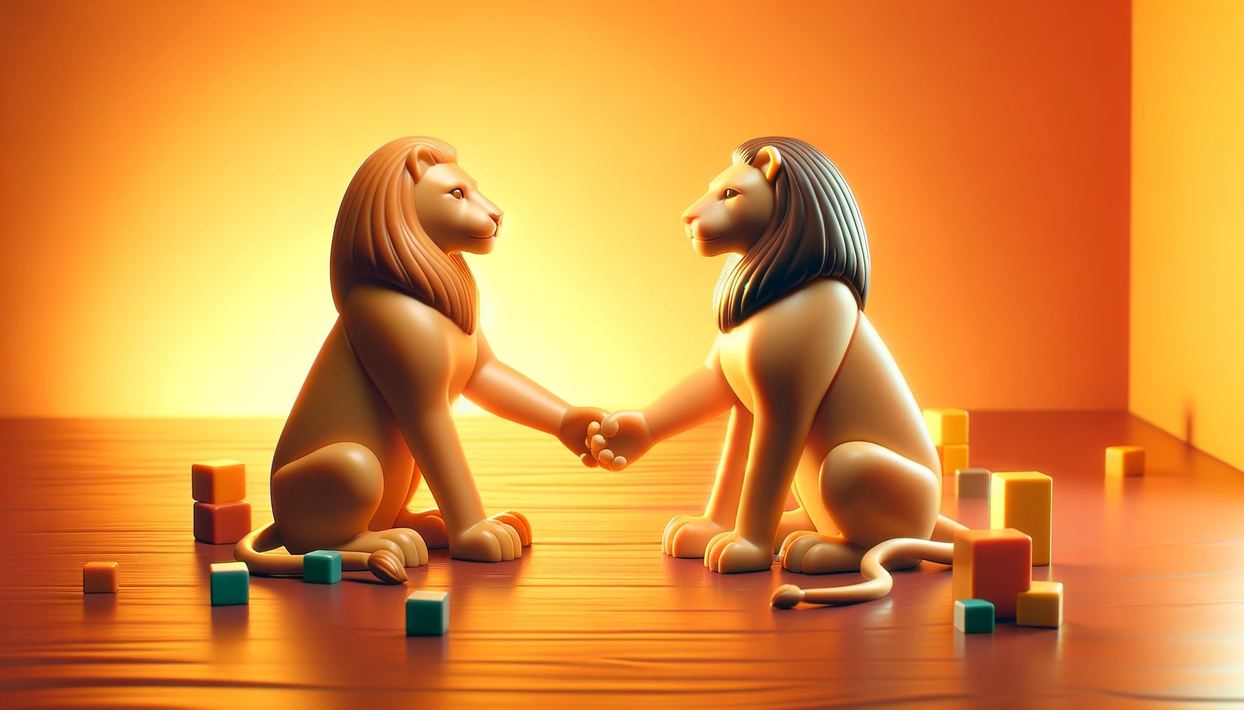ultra-realistic image of two toy female lionesses sitting together, looking out over the sea, and holding hands, symbolizing partnership and diversity. The scene is set against a vibrant orange background, illuminated by warm lighting to enhance the feeling of a safe and welcoming space