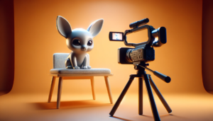 a plastic children's toy animal sitting at a desk and looking into a video camera in a home studio setting. The scene is set against a vibrant orange background, designed to be ultra-simple and ultra-realistic.
