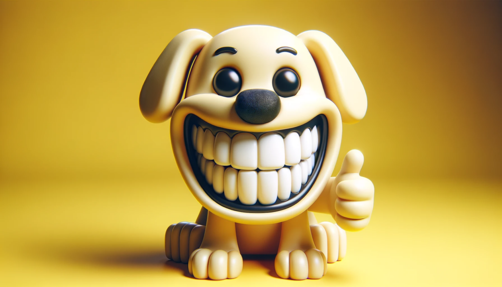 a plastic children's toy dog with a huge toothy grin, looking directly at the camera and giving a thumbs-up sign